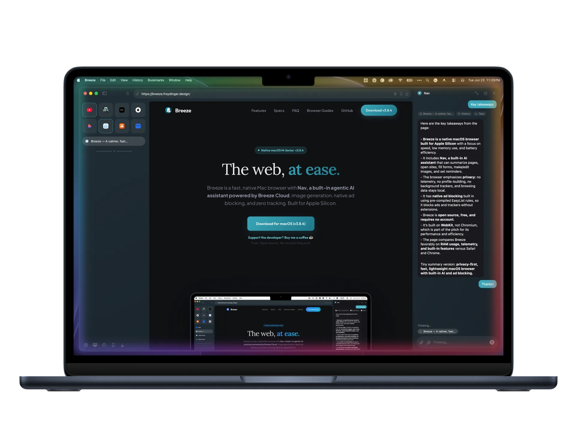Breeze browser running on macOS with the Nav assistant open beside the page