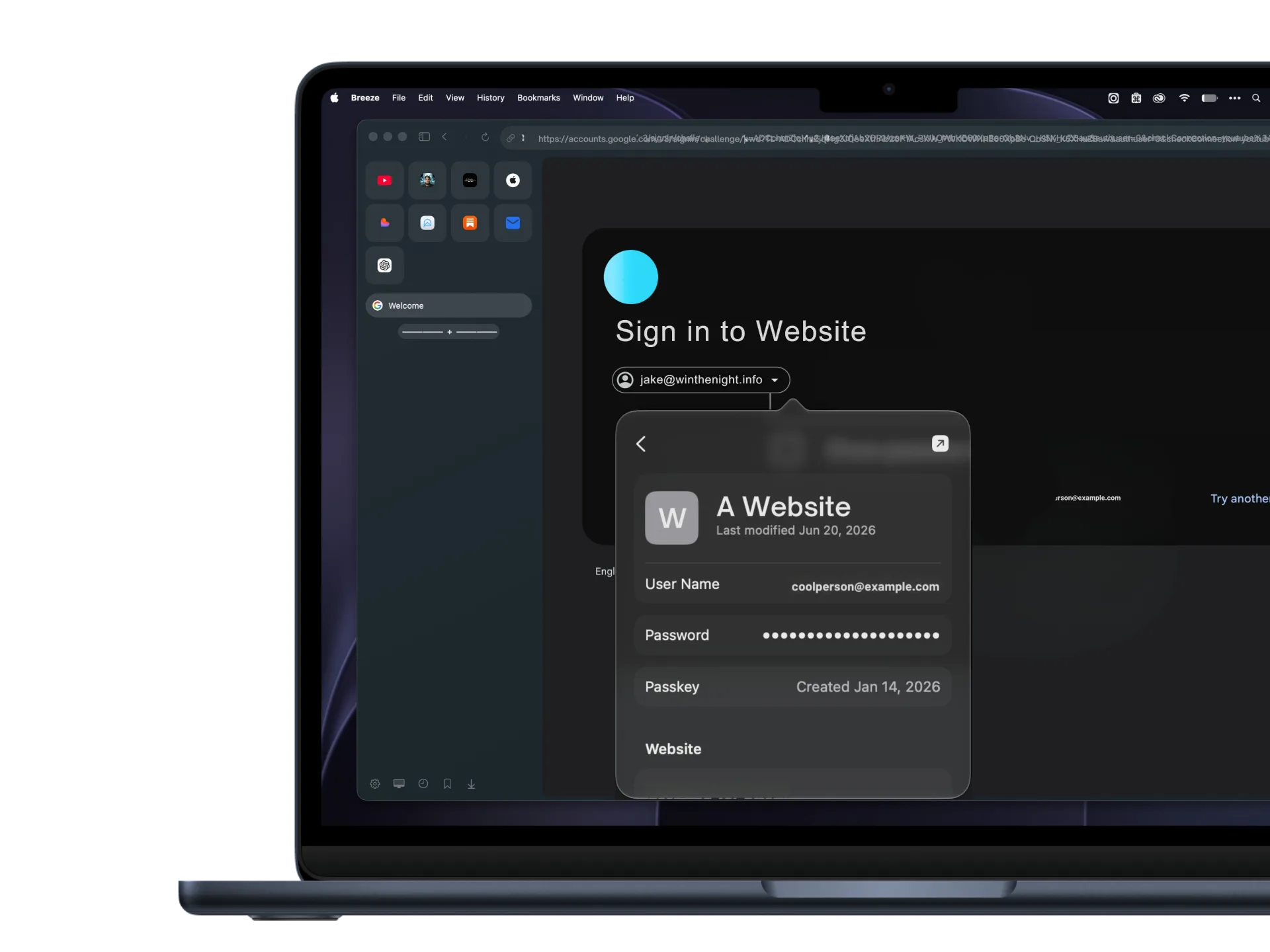 Breeze showing macOS password and passkey autofill on a sign-in page