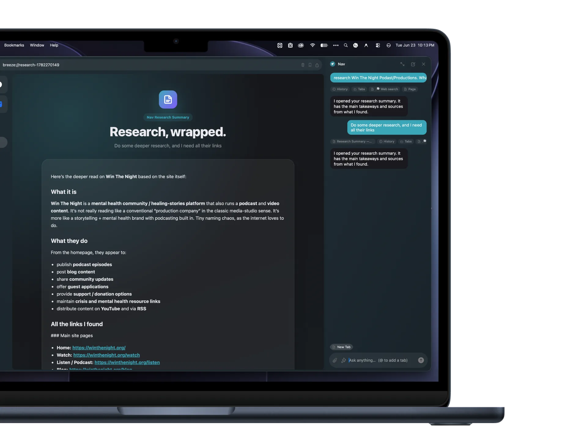 Breeze Nav research summary page with the assistant panel open