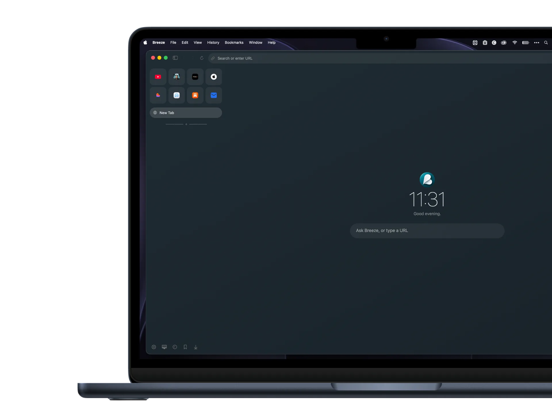 Breeze new tab page in a native macOS window
